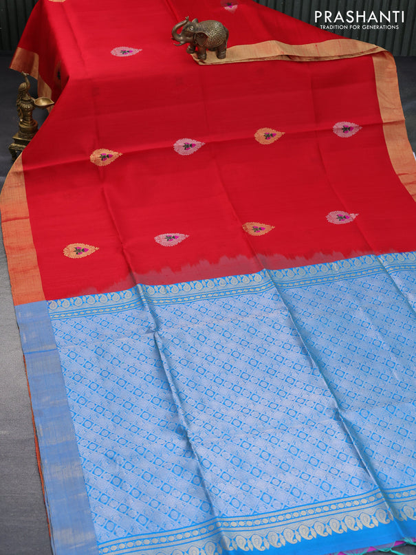 Pure raw silk saree red and cs blue with zari woven buttas and zari woven border