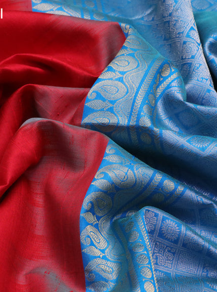 Pure raw silk saree red and cs blue with zari woven buttas and zari woven border