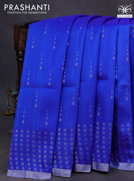 Pure raw silk saree royal blue and grey shade with allover silver zari woven buttas and silver zari woven border