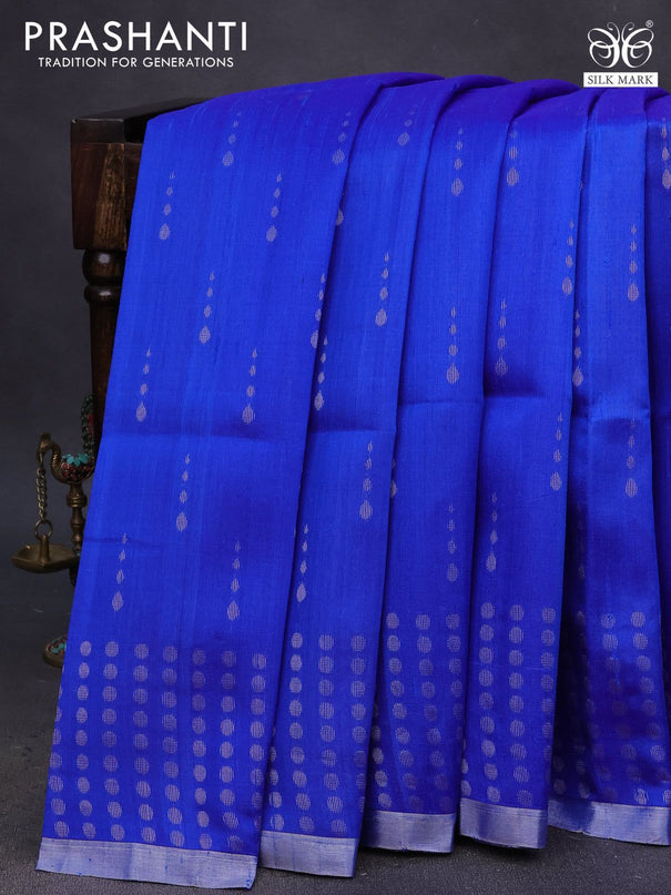 Pure raw silk saree royal blue and grey shade with allover silver zari woven buttas and silver zari woven border