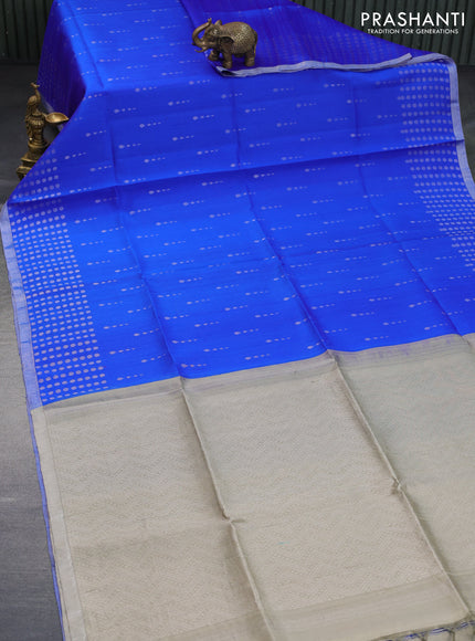 Pure raw silk saree royal blue and grey shade with allover silver zari woven buttas and silver zari woven border