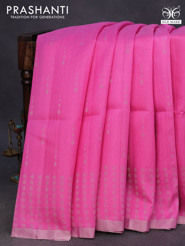 Pure raw silk saree light pink and mango yellow with allover silver zari woven buttas and silver zari woven border