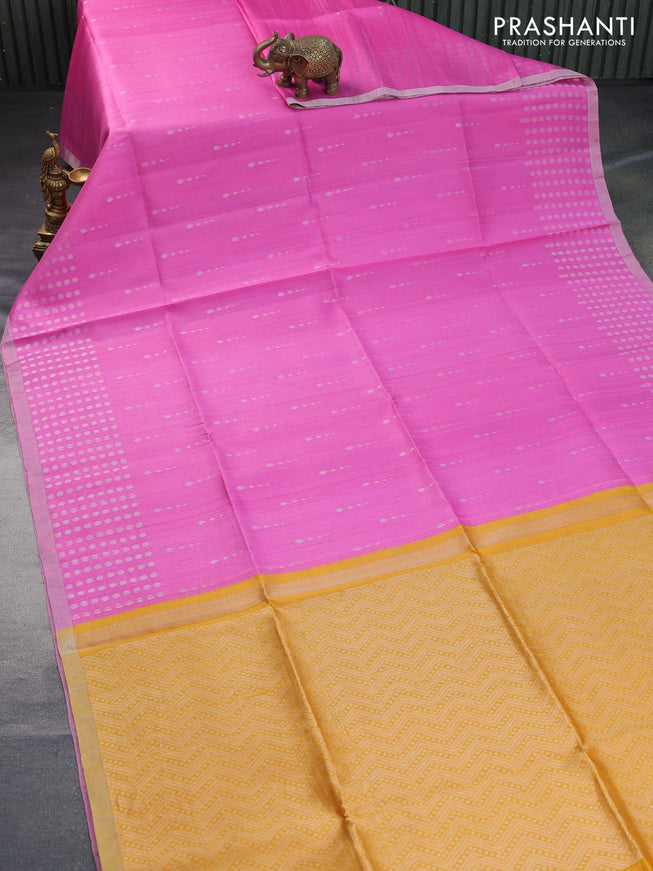 Pure raw silk saree light pink and mango yellow with allover silver zari woven buttas and silver zari woven border