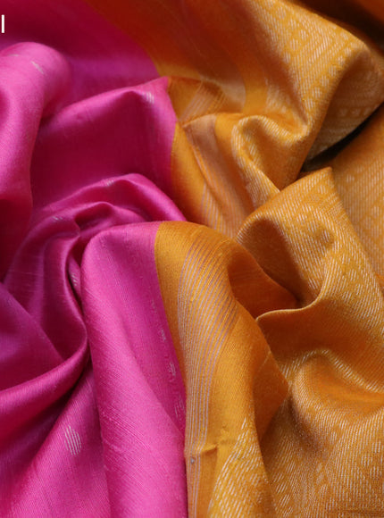 Pure raw silk saree light pink and mango yellow with allover silver zari woven buttas and silver zari woven border