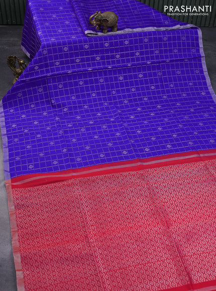 Pure raw silk saree blue and reddish pink with allover silver zari checks & buttas and silver zari woven border