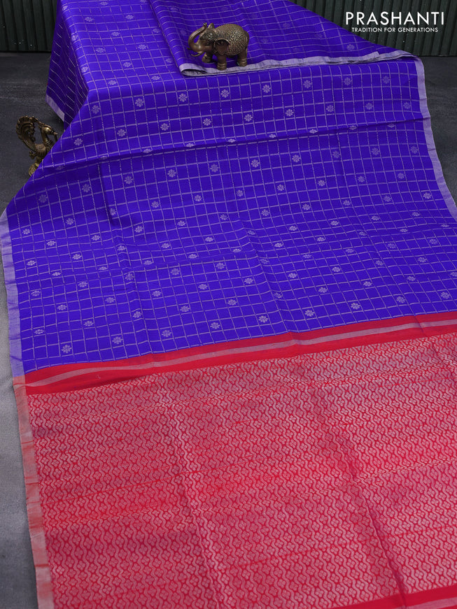 Pure raw silk saree blue and reddish pink with allover silver zari checks & buttas and silver zari woven border