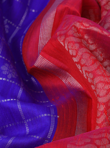 Pure raw silk saree blue and reddish pink with allover silver zari checks & buttas and silver zari woven border