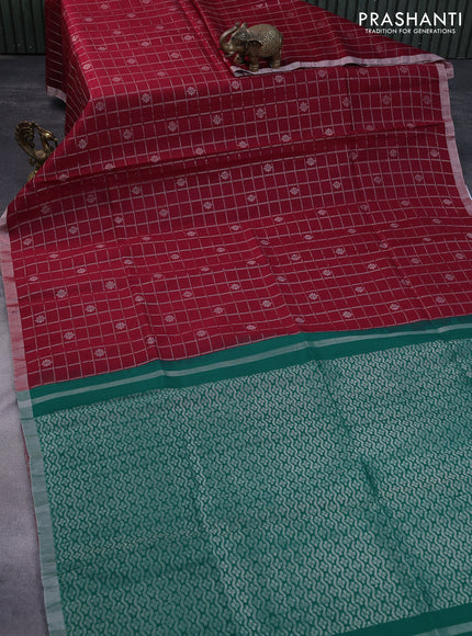 Pure raw silk saree maroon and dark green with allover silver zari checks & buttas and silver zari woven border