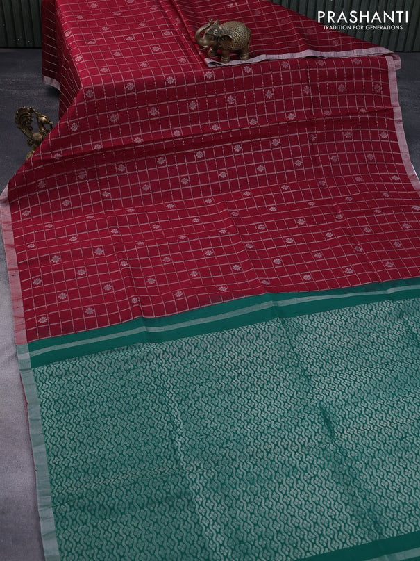 Pure raw silk saree maroon and dark green with allover silver zari checks & buttas and silver zari woven border