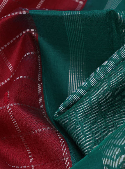 Pure raw silk saree maroon and dark green with allover silver zari checks & buttas and silver zari woven border