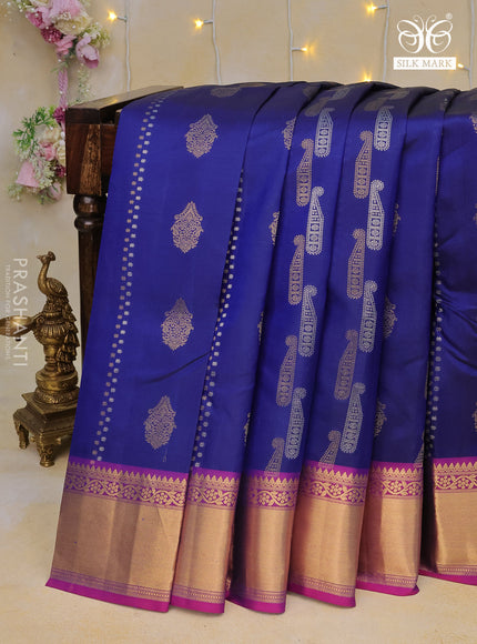 Pure kanchipuram silk saree blue and purple with allover zari weaves and zari woven border