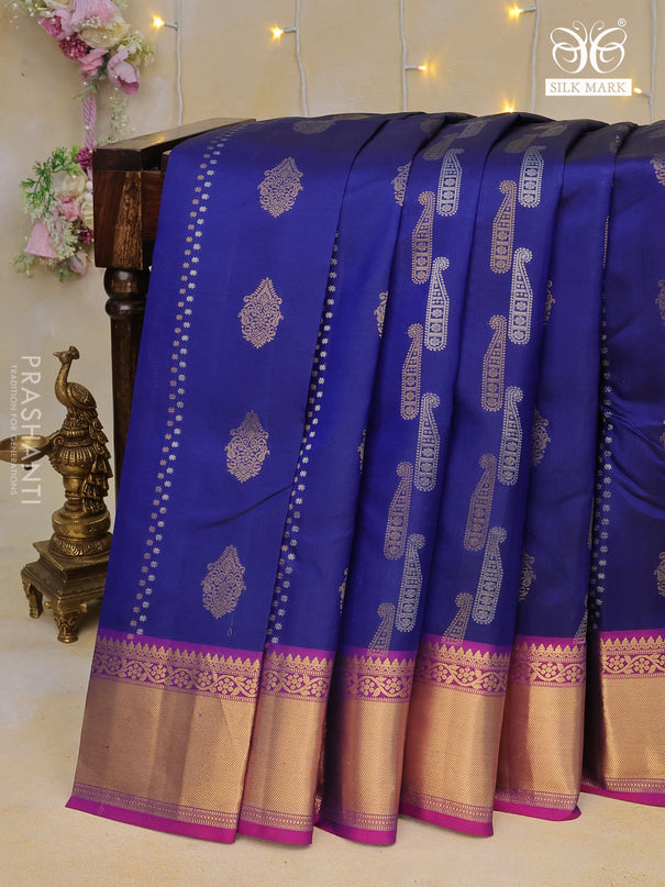 Pure kanchipuram silk saree blue and purple with allover zari weaves and zari woven border