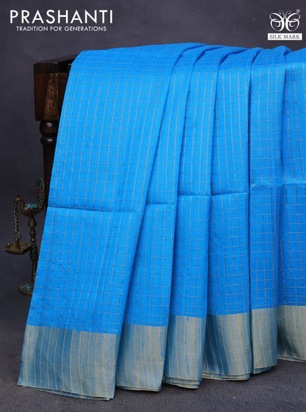 Pure raw silk saree cs blue and blue with allover zari checks and zari woven border