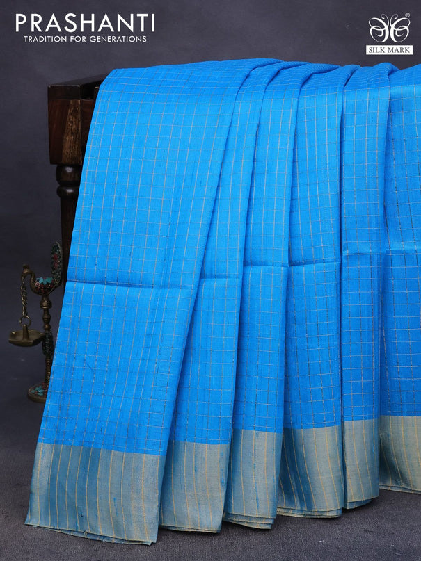 Pure raw silk saree cs blue and blue with allover zari checks and zari woven border