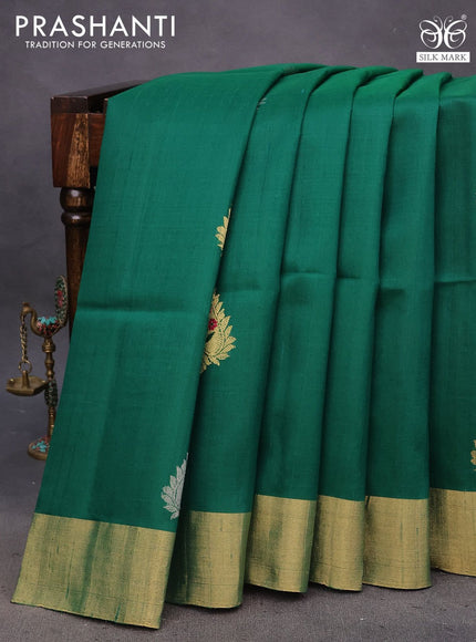 Pure raw silk saree green and orange with zari woven buttas and zari woven border