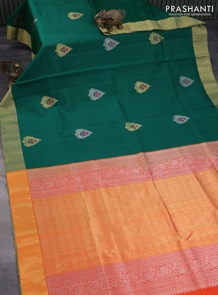 Pure raw silk saree green and orange with zari woven buttas and zari woven border