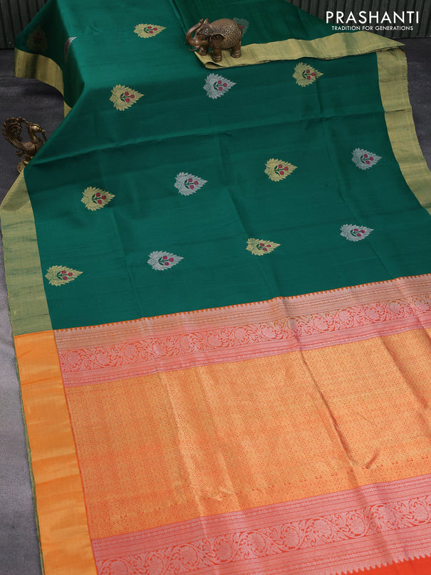 Pure raw silk saree green and orange with zari woven buttas and zari woven border