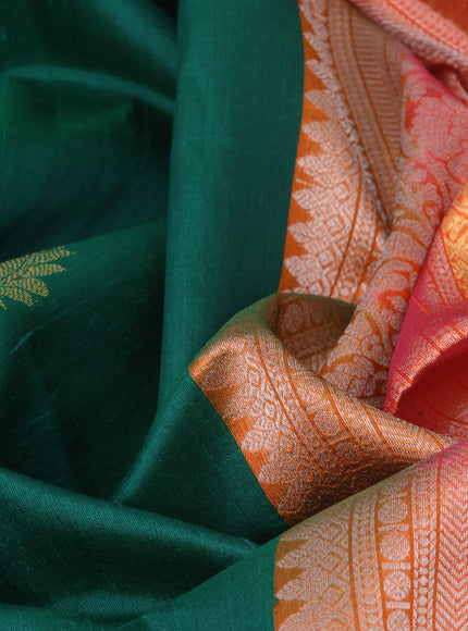 Pure raw silk saree green and orange with zari woven buttas and zari woven border