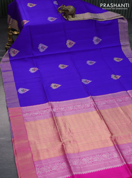 Pure raw silk saree blue and pink with zari woven buttas and zari woven border