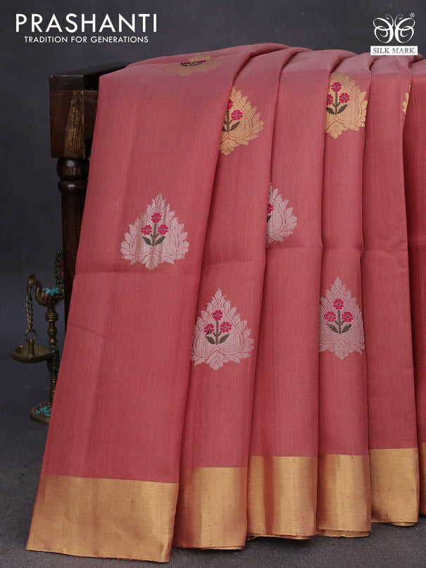 Pure raw silk saree peach shade and blue with zari woven buttas and zari woven border