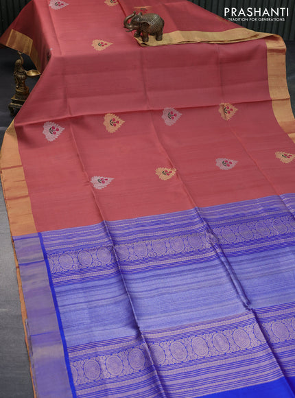 Pure raw silk saree peach shade and blue with zari woven buttas and zari woven border