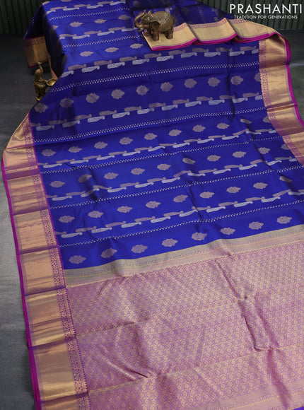 Pure kanchipuram silk saree blue and purple with allover zari weaves and zari woven border