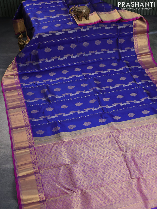 Pure kanchipuram silk saree blue and purple with allover zari weaves and zari woven border