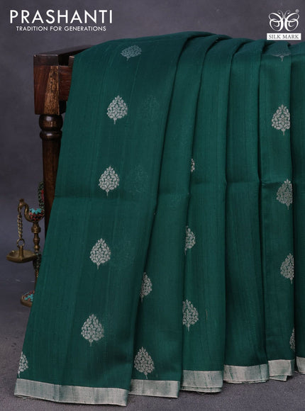 Pure raw silk saree green and pink with zari woven buttas and silver zari woven border