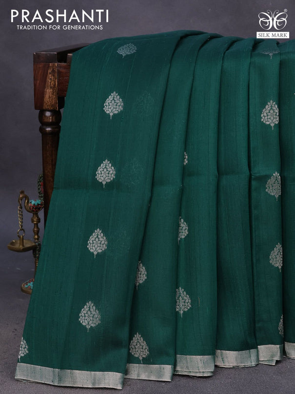 Pure raw silk saree green and pink with zari woven buttas and silver zari woven border