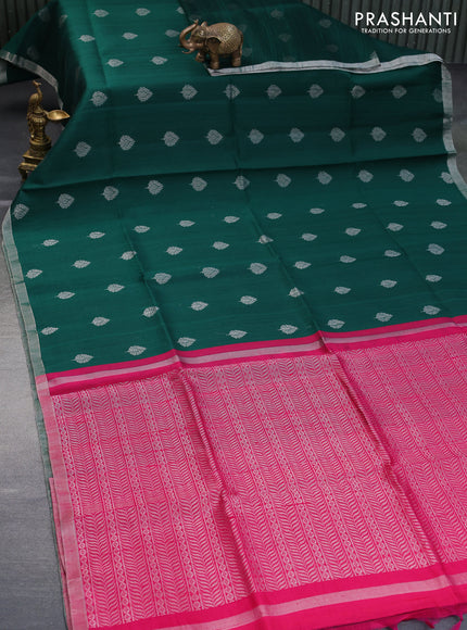 Pure raw silk saree green and pink with zari woven buttas and silver zari woven border