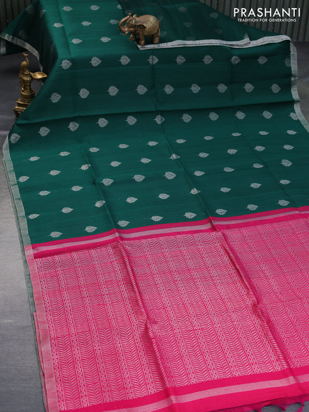 Pure raw silk saree green and pink with zari woven buttas and silver zari woven border