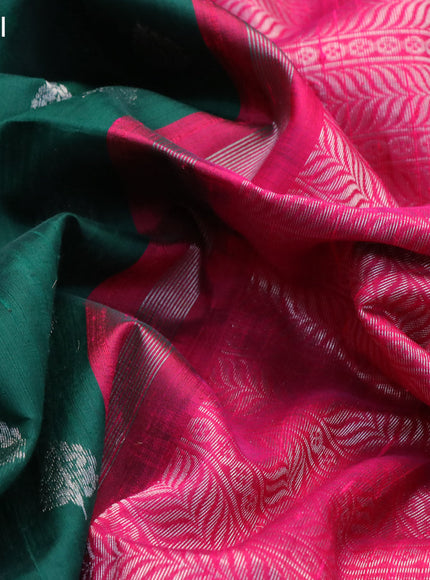 Pure raw silk saree green and pink with zari woven buttas and silver zari woven border