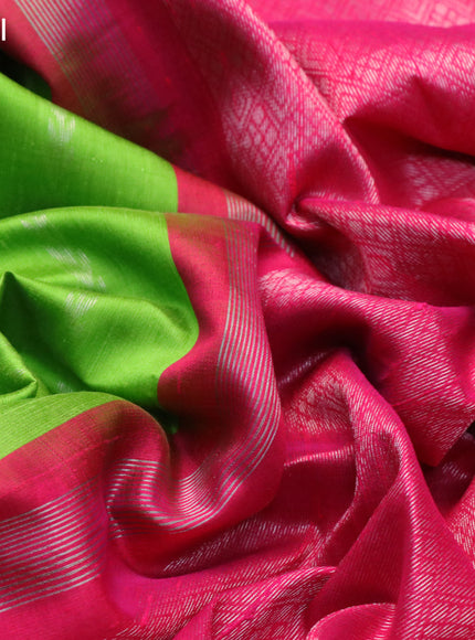 Pure raw silk saree light green and pink with allover silver zari weaves and silver zari woven border