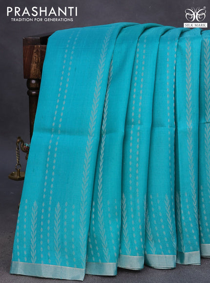 Pure raw silk saree teal blue and pink with allover silver zari weaves and silver zari woven border