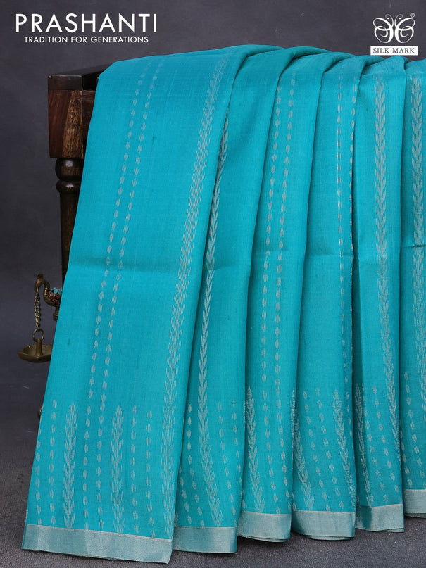 Pure raw silk saree teal blue and pink with allover silver zari weaves and silver zari woven border