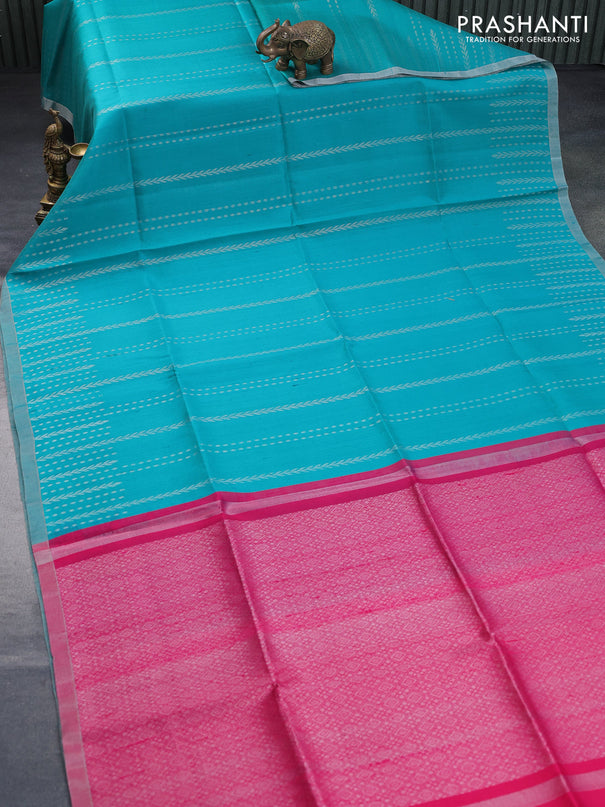 Pure raw silk saree teal blue and pink with allover silver zari weaves and silver zari woven border