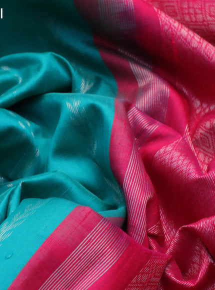 Pure raw silk saree teal blue and pink with allover silver zari weaves and silver zari woven border