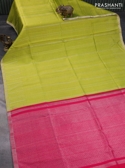 Pure raw silk saree lime green and pink with allover silver zari weaves and silver zari woven border