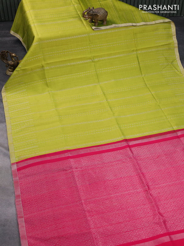 Pure raw silk saree lime green and pink with allover silver zari weaves and silver zari woven border