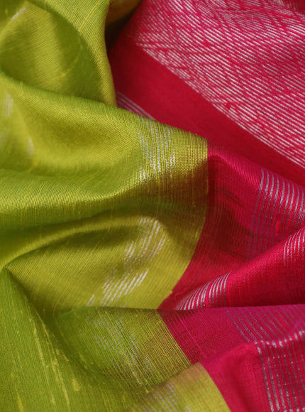 Pure raw silk saree lime green and pink with allover silver zari weaves and silver zari woven border