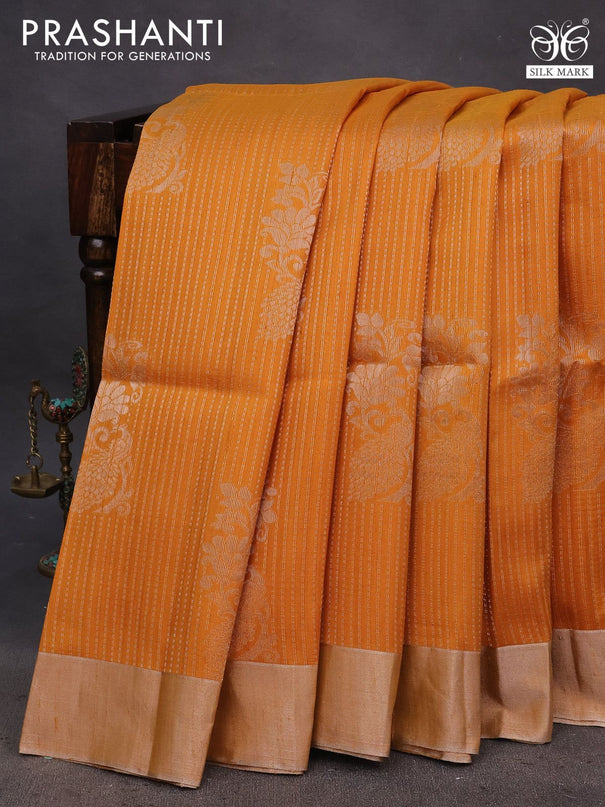 Pure raw silk saree mustard yellow and teal blue with allover silver zari weaves & buttas and silver zari woven border