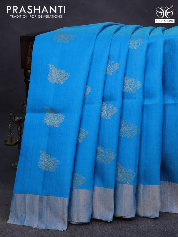 Pure raw silk saree dual shade of cs blue and yellow with silver zari woven buttas and zari woven border