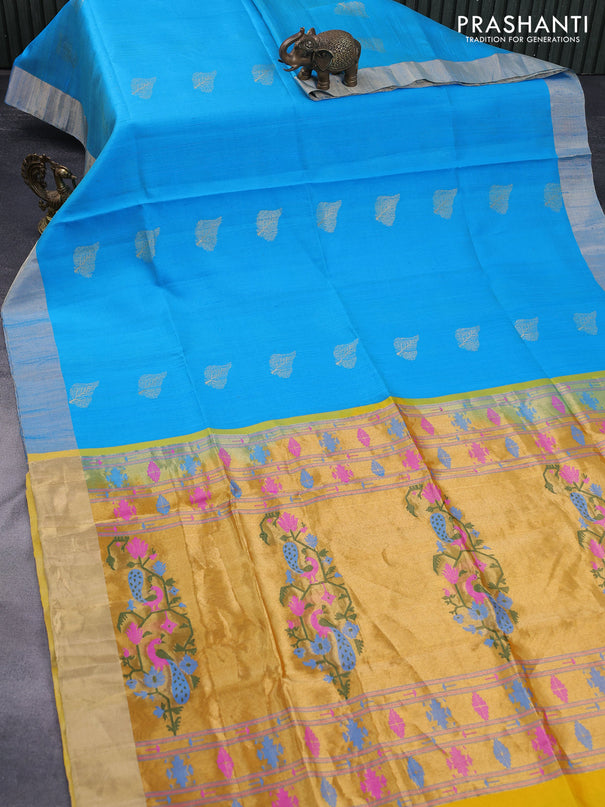 Pure raw silk saree dual shade of cs blue and yellow with silver zari woven buttas and zari woven border