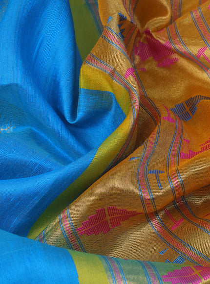 Pure raw silk saree dual shade of cs blue and yellow with silver zari woven buttas and zari woven border