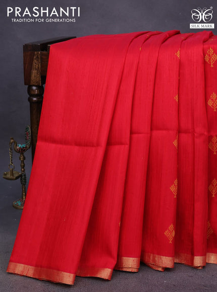 Pure raw silk saree red and mustard yellow with thread woven buttas and zari woven piping border