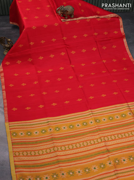 Pure raw silk saree red and mustard yellow with thread woven buttas and zari woven piping border