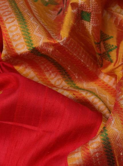 Pure raw silk saree red and mustard yellow with thread woven buttas and zari woven piping border