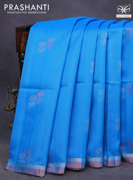 Pure raw silk saree cs blue and maroon with silver & copper zari woven buttas and zari woven border