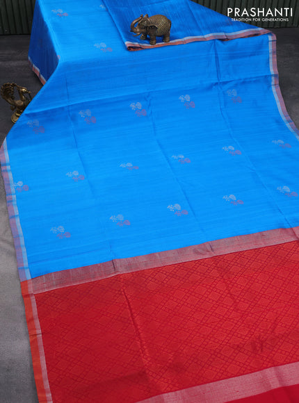 Pure raw silk saree cs blue and maroon with silver & copper zari woven buttas and zari woven border