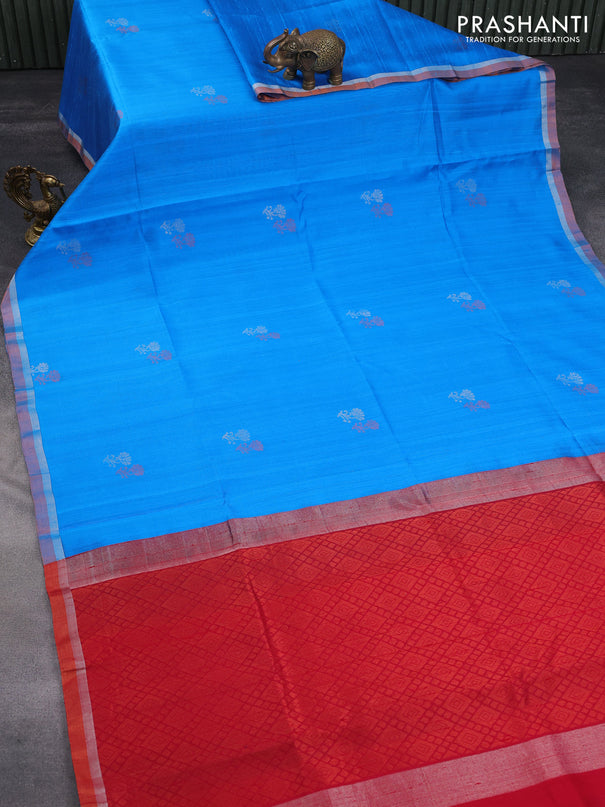 Pure raw silk saree cs blue and maroon with silver & copper zari woven buttas and zari woven border